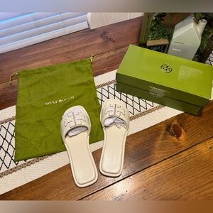 NWT Tory Burch Double T Sport Slide Cream Slides with Logo